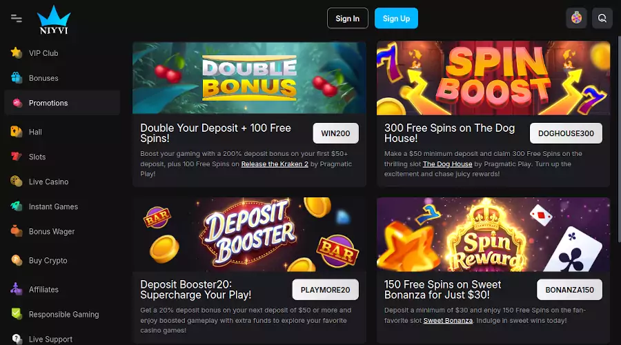 Bonusy i promocje kasyna Niyvi Niyvi Casino bonuses