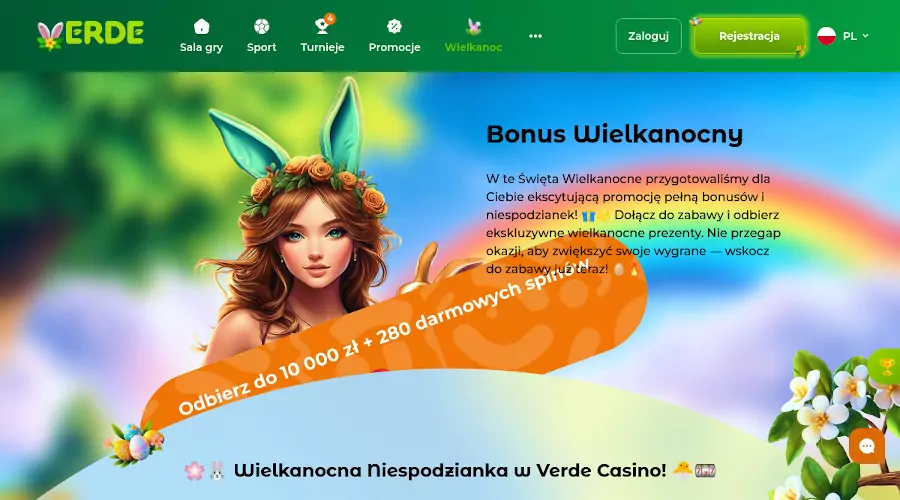 Wielkanocne bonusy w Verde Casino – Nagrody na święta Baner Verde Casino z wielkanocnej promocji, z pisankami i żetonami.