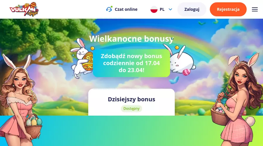 Wielkanocnych bonusów w Vulkan Vegas – Wybuchowe nagrody Grafika Vulkan Vegas z wielkanocnym bonusem, z pisankami i slotami.